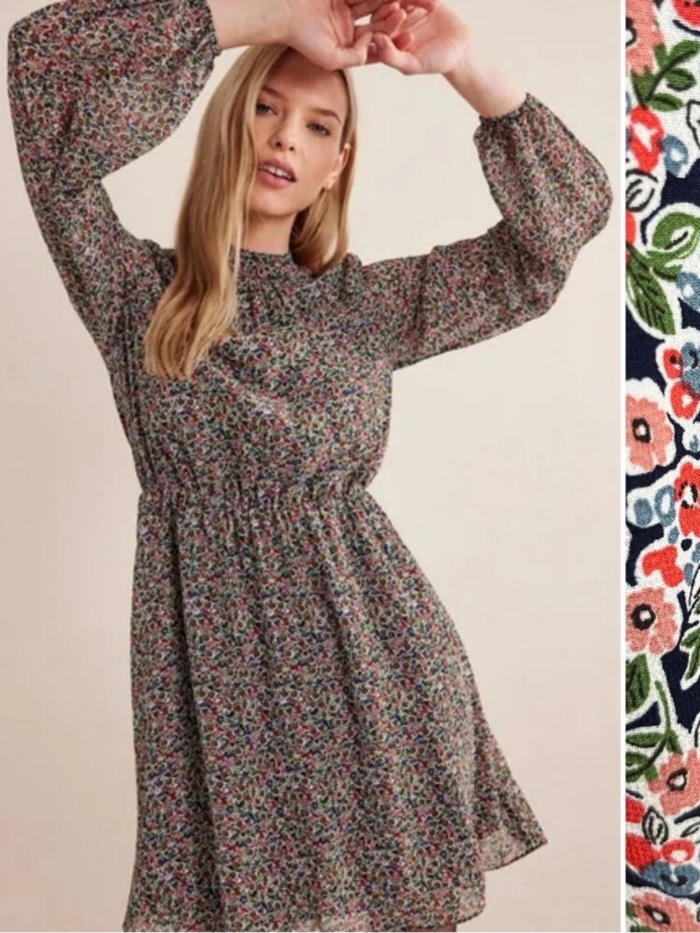Boden High Neck Flippy Mini Long Sleeved Dress Navy Ditsy Floral Garden US 14L